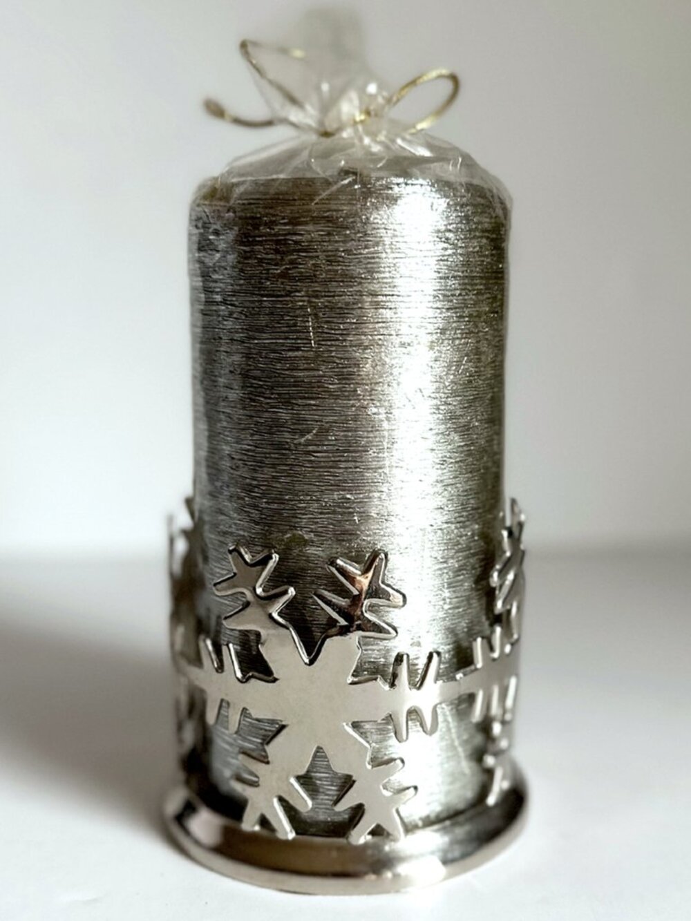 Silver Snowflake Pillar Candle Holder with 6 Inch Silver Metallic Candle Set NWT